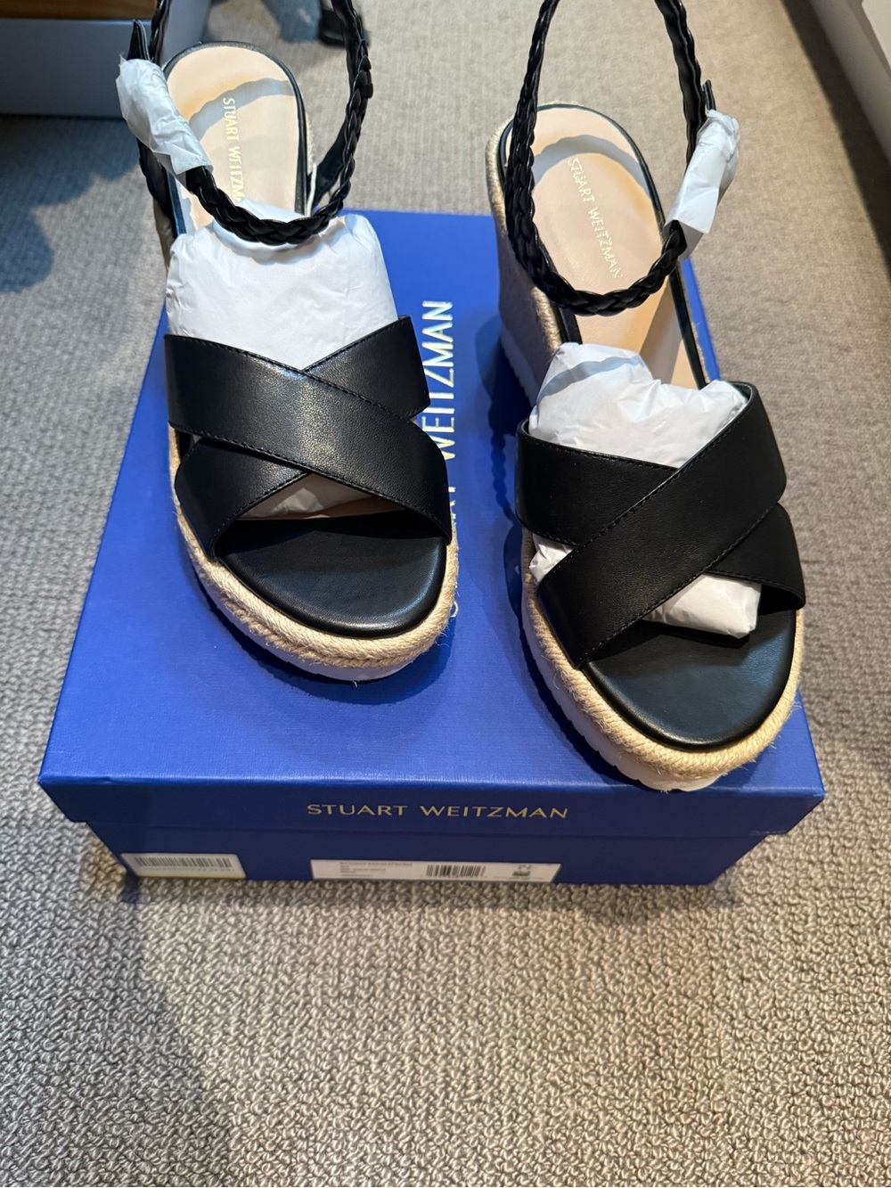 Stuart Weitzman  MykonosBlack Leather Espadrille Wedge Sandals NWT